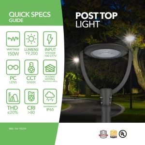 LED Post Top Light - 150W - 19200 Lumens - Shorting Cap - DLC, UL, cUL - 5 Year Warranty - Image 4